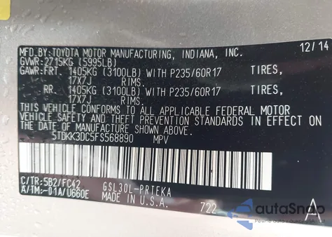 2015 Toyota Sienna Le 8 Passenger from USA, damaged, VIN 5TDKK3DC5FS568890